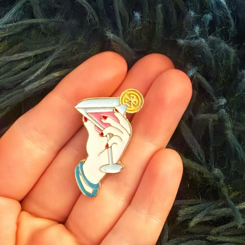 Women’s Accessories Fun Chic Cocktail with Lemon Held by White Hand Enamel Pin